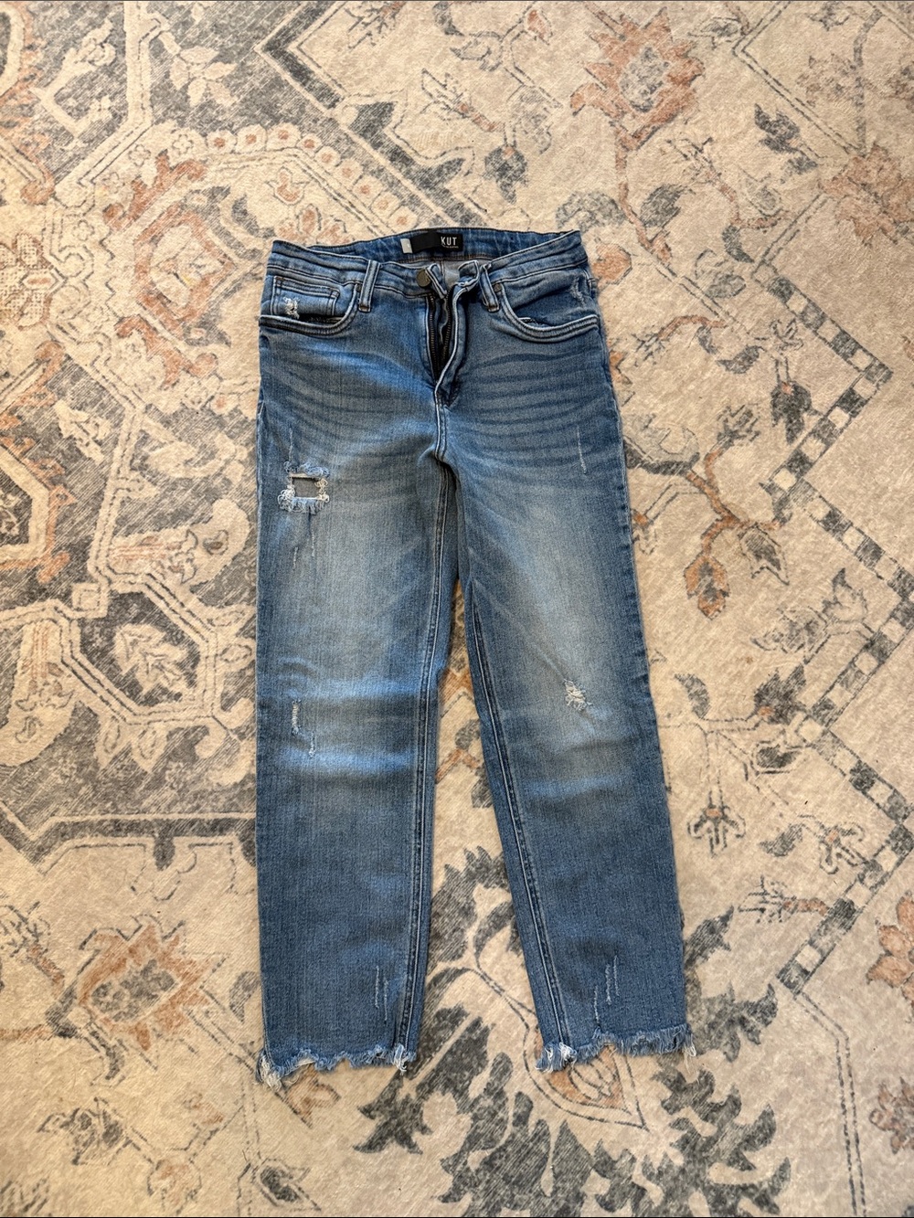 Kut from the Kloth Medium Blue Boyfriend Jeans with Distressed Detail